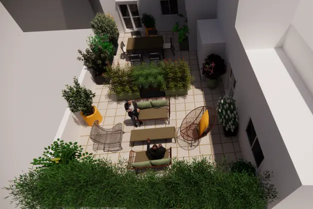 Vue 3D Enscape d'un projet d'aménagement de toit terrasse